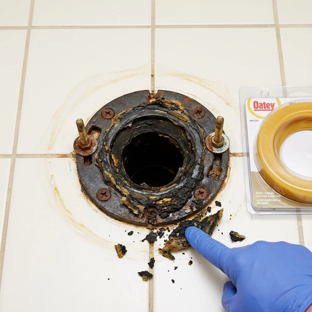 Failed wax ring showing water seepage at the base of a toilet in a Salina, OK home