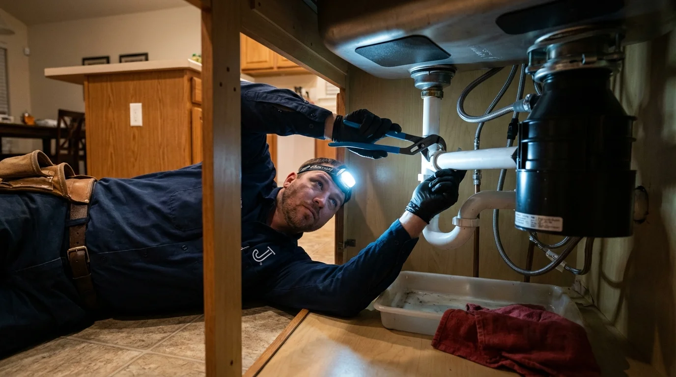 P-trap and supply line connections under a kitchen sink showing a common leak point in Salina, OK